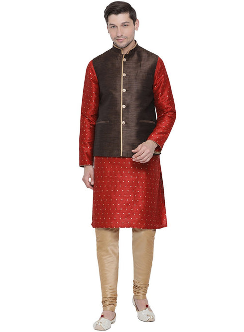 VASTRAMAY Men's Maroon Cotton Silk Blend Kurta, Ethnic Jacket and Pyjama Set